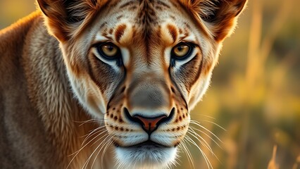 Fototapeta premium Lioness with a focused gaze, bathed in golden savanna light, showcasing natural beauty and strength.