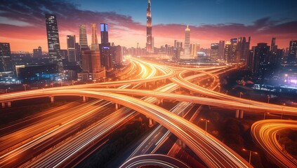 Striking Aerial Long Exposure of a Highway Interchange and Intersection with  Light Trails Set Against a Modern City Skyline at Sunset. Essential for global business, transportation or technology