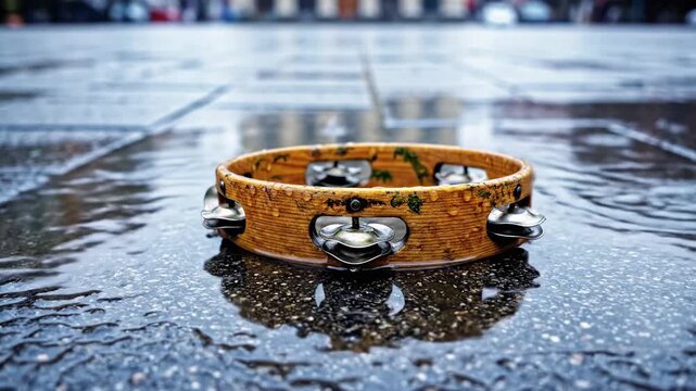 A wooden tambourine rests in a puddle on wet pavement, with raindrops splashing around