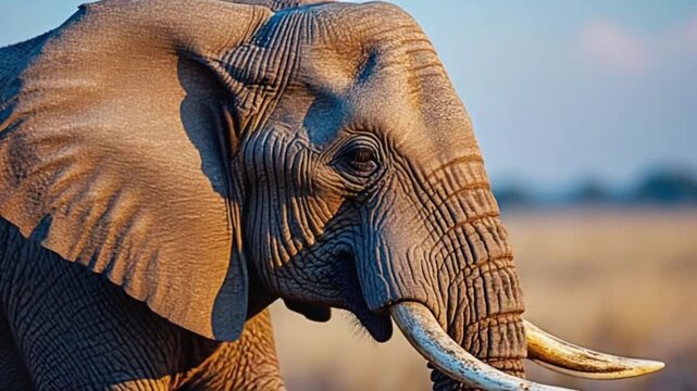 Close up of an african elephant with large tusks under the sunlight in the wild nature scene elephant video