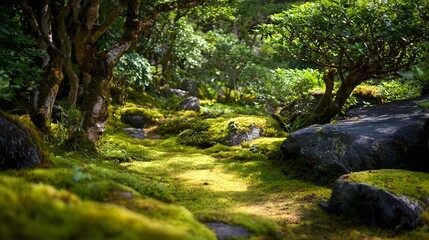 Obraz premium Lush green moss carpets a tranquil woodland path illuminated by sunlight filtering through dense foliage