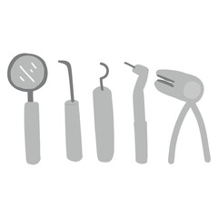 Collection of dentist equipment, excavator, dental mirror and drill, filling instrument. 
Hand-Drawn Dental Instruments Illustration in Doodle Style Isolated on White Background 
