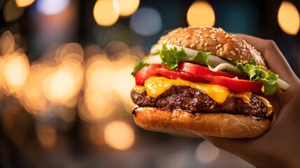 Hand holding a freshly prepared cheeseburger against a warm bokeh background