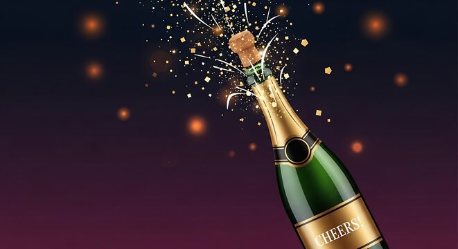 Champagne bottle popping with celebratory sparkles and festive background.