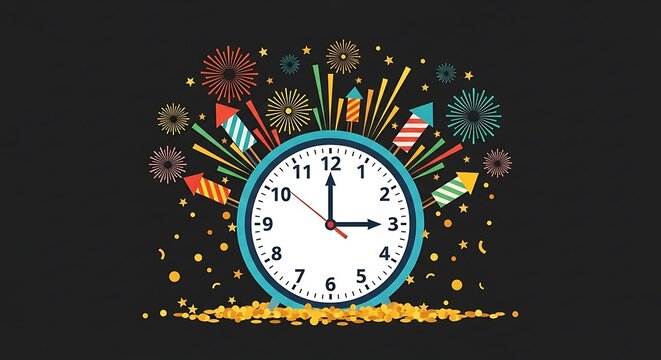 Clock with Fireworks Display Celebrating New Years Eve.