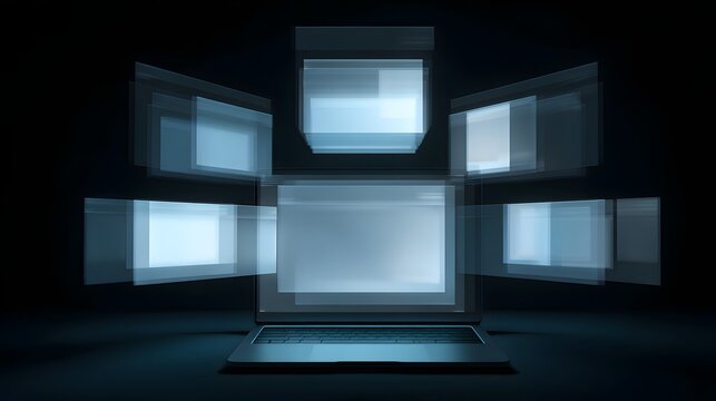 Illuminated digital interface windows project outward from a central portable computer - Powered by Adobe