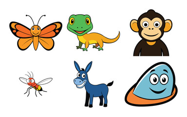 Collection of six cartoon animal illustrations including a butterfly, lizard, monkey, mosquito, donkey, and a blue alien