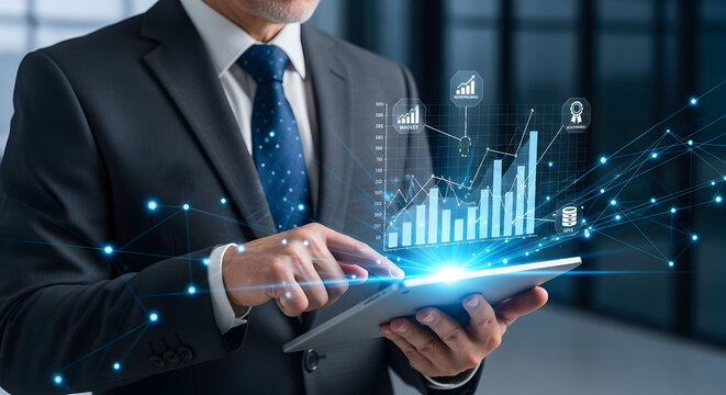 Businessman working with a digital tablet displaying holographic business growth charts and data analysis. Professional executive interacting with futuristic technology for financial success and marke