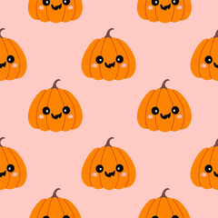 Simple pumpkin jack o lantern hand drawn Halloween seamless pattern on pink background. Vector wallpaper illustration repeat design for fabric print, sticker, cover, wrapping.