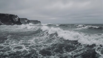 Fototapeta premium Dramatic monochrome seascape of ocean waves crashing against rocky cliffs under a cloudy sky