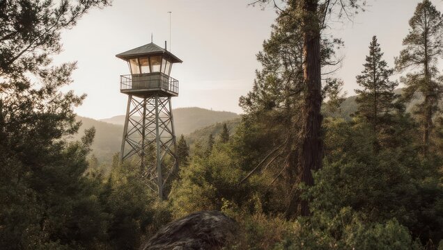 Elevated fire watch tower amidst a green forest with a mountainous background under a hazy sky - Powered by Adobe