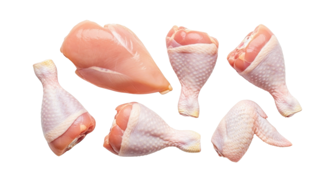 Assortment of raw chicken pieces including breast, legs and wing isolated PNG with Transparent Background