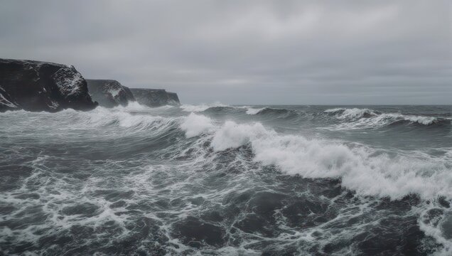 Dramatic monochrome seascape of ocean waves crashing against rocky cliffs under a cloudy sky
