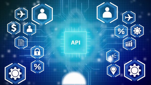 Digital network interface with API text in center and hexagonal icons for business and technology application programming interface