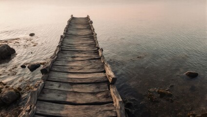 Dilapidated wooden pier stretches into calm water, hazy sky, evoking peace and tranquility