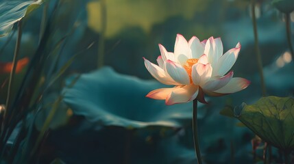 Single illuminated water blossom stands tall among dark foliage at sunrise