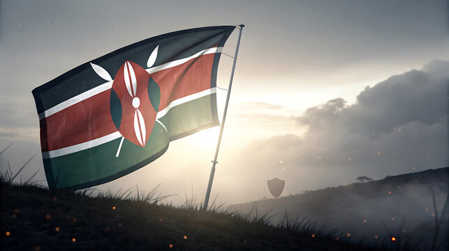 Kenyan flag waving in the wind on a hill at sunset landscape - Powered by Adobe