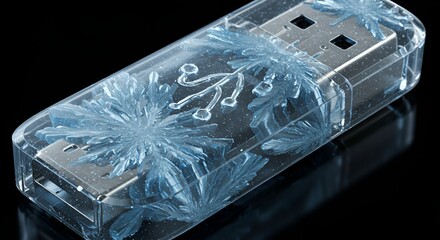 A translucent USB drive reveals intricate crystal formations within a glossy black surface.