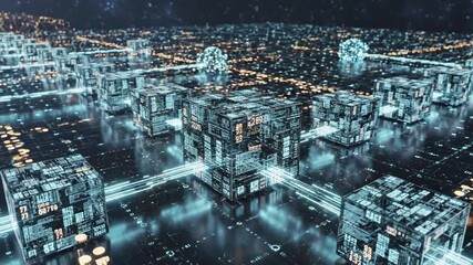 Futuristic, digital cityscape with glowing cubes and energy streams against a starry backdrop - Powered by Adobe