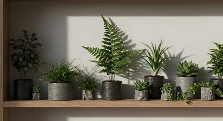 Indoor potted plants arranged on shelf showcasing various foliage in natural light scene.