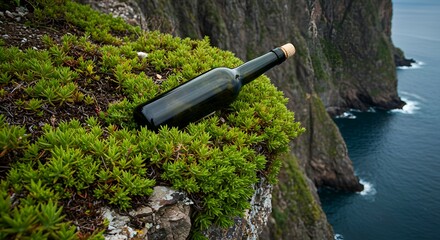 A glass bottle rests precariously on the cliff edge over the ocean, a risky, moody scene.