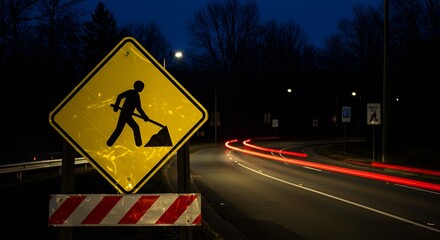 Warning sign stands near a road with red light trails at night, promoting safety and awareness.
