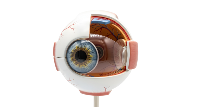 Cross section model of human eyeball anatomy structure isolated on white background