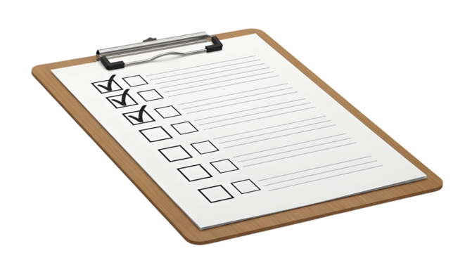 Realistic Fiberboard Clipboard with Checklist and Check Marks isolated on White Background