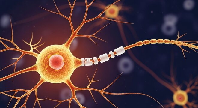 Closeup of a neuron cell body with branching dendrites and axon - Powered by Adobe