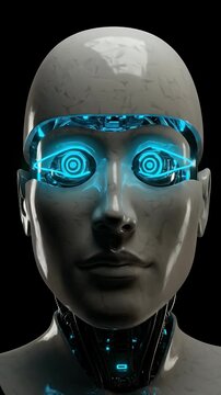 Futuristic Android Head with Glowing Blue Cybernetic Eyes and Circuits