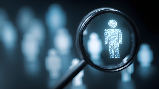 Magnifying glass focuses on an illuminated human icon among blurred figures representing a candidate search