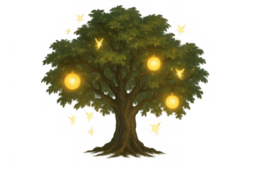 Enchanted tree with glowing lanterns and sparkling fireflies illustration, creating a whimsical magic fantasy scene