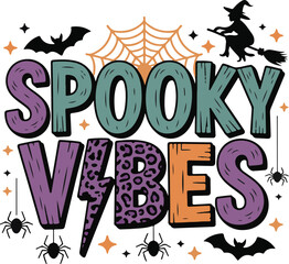 Spooky Vibes Halloween T-Shirt Vector – Leopard Print Text with Bats, Spider Web, Witch, and Lightning Bolt Design