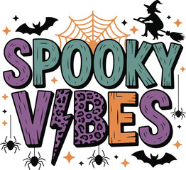 Spooky Vibes Halloween T-Shirt Vector – Leopard Print Text with Bats, Spider Web, Witch, and Lightning Bolt Design
