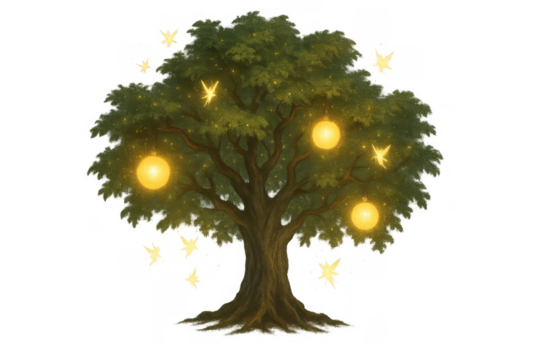 Enchanted tree with glowing lanterns and sparkling fireflies illustration, creating a whimsical magic fantasy scene