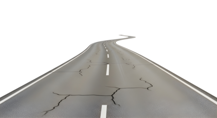 Long winding cracked asphalt road texture isolated on white background