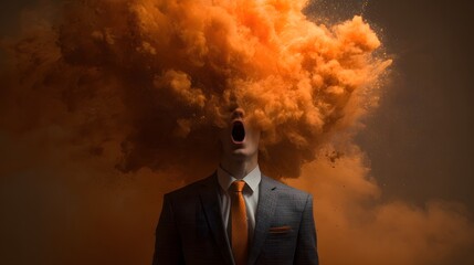 Businessman experiences intense emotional release depicted by vibrant orange powder exploding from his head.