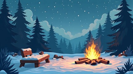 A serene winter night scene depicts a campfire burning brightly near snowy bench and forest.