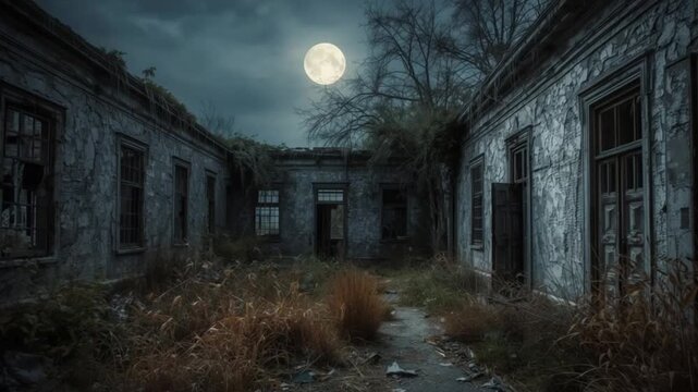Eerie Abandoned Building Ruin Under a Full Moon at Night