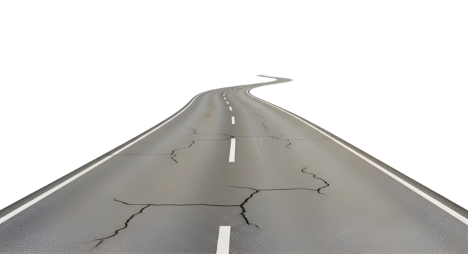 Long winding cracked asphalt road texture isolated on white background