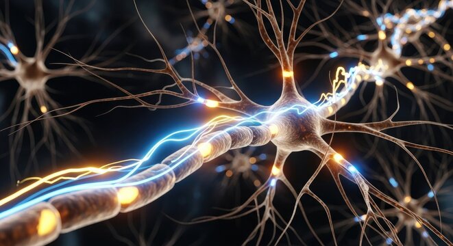 Closeup of a neuron with electrical impulses firing along axon