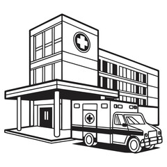 Black and white ambulance parked at hospital entrance 1