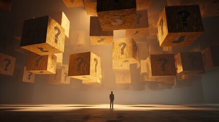 Solitary figure contemplates numerous floating wooden boxes marked with question symbols within a dimly lit space
