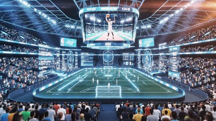 Futuristic stadium, glowing lines, players, audience, tech displays.  Futuristic soccer match - Powered by Adobe