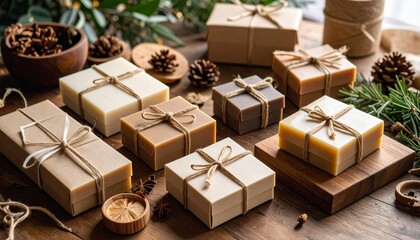 Fototapeta premium Rustic Handmade Soap Collection with Twine Ties and Natural Christmas Decorations