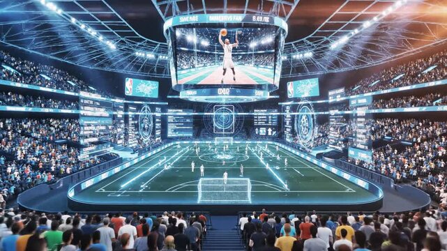 Futuristic stadium, glowing lines, players, audience, tech displays.  Futuristic soccer match - Powered by Adobe