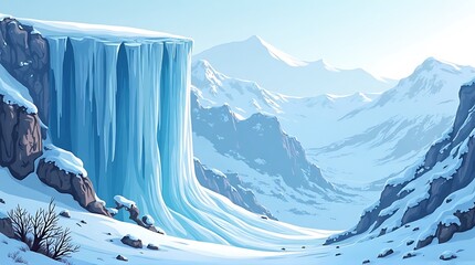 A breathtaking landscape showcasing a massive frozen waterfall cascading down a cliff, surrounded by snow-covered mountains.