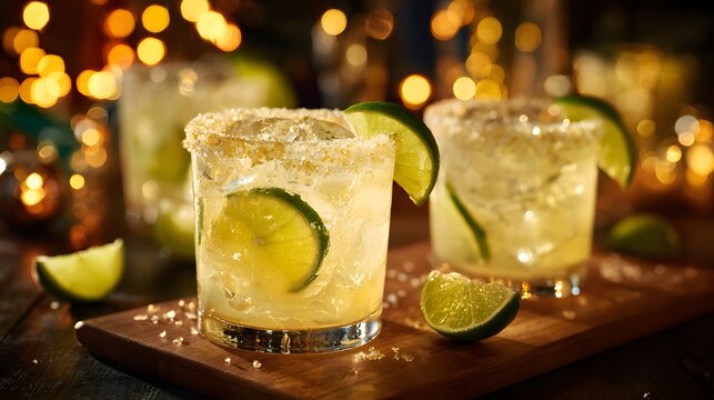 Several frosty citrus beverages with salted rims sit on a wooden surface illuminated by warm lights