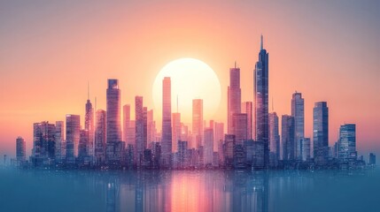 Obraz premium Sunrise over modern city skyline reflection