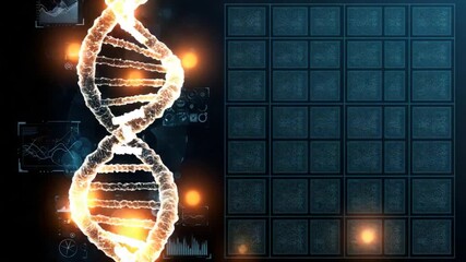 A close-up view of a DNA double helix, symbolizing genetics and scientific innovation, with a grid of squares on the right - Powered by Adobe